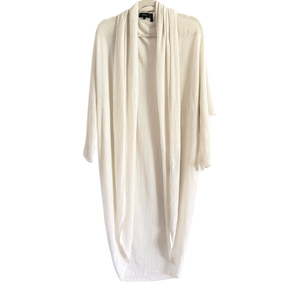 Theory Knit White Linen Blend Cocoon Longline Open Front Cardigan M/L - Picture 2 of 7